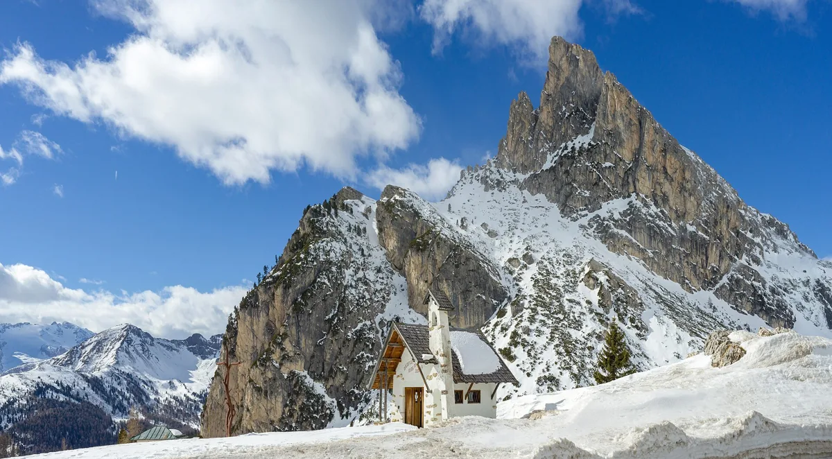 A mountain chapel at Passo Falzarego in the Dolomites near Cortina d'Ampezzo